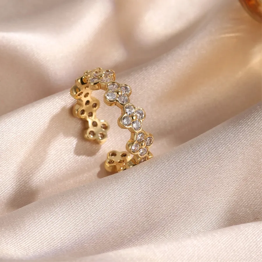Authentic Gold Plated Flower Ring Simulated Zirconia Prong Open Band Women Daily Wear