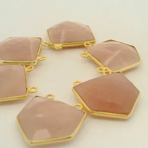Authentic Natural Peach Moonstone Pentagon Bezel Connector (18 × 18 mm) - Gold Plated ove