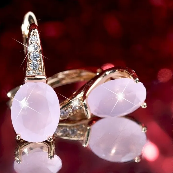 Authentic Oval Cut Pink Moonstone Hoop Earrings Cute Women 18k Yellow Gold Plated Jewelry