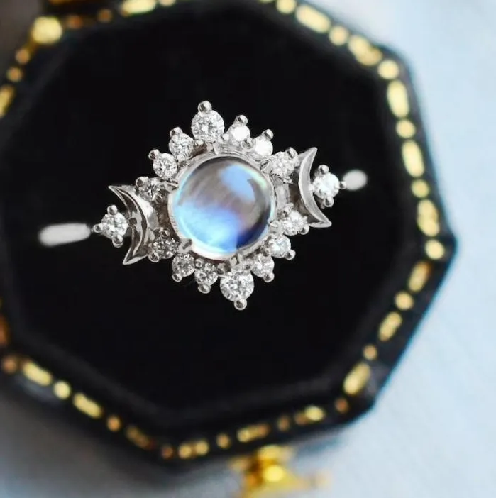 Authentic 925 Silver,Gold Plated Women Sun Shaped Rings Cute Moonstone Jewelry Size 6-10