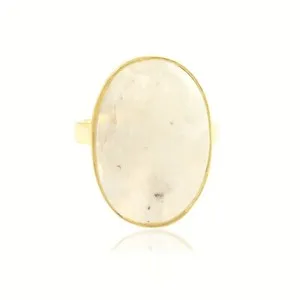 Authentic Oval Shape Fire Rainbow Moonstone Ring Gold Plated Collet Set Adjustable Ring