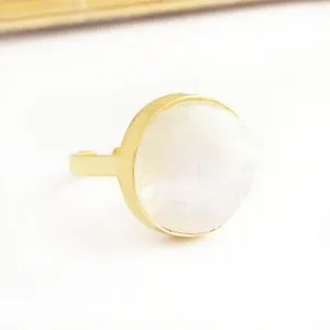 Authentic Round Shape Rainbow Moonstone Collet Set Ring Yellow Gold Plated Adjustable Ring
