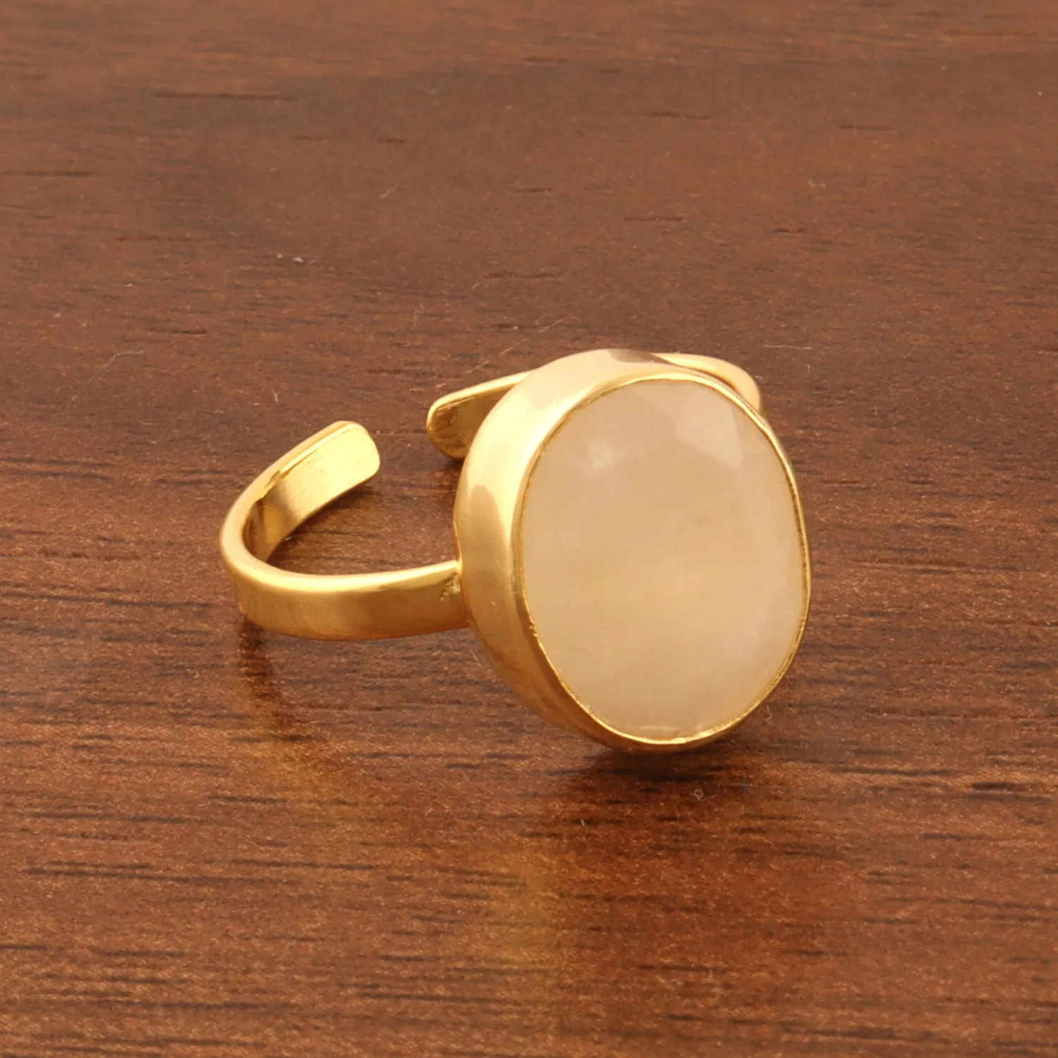 Authentic Faceted Cut Blue Fire Moonstone Yellow Gold Plated Oval Stone Adjustable Ring 