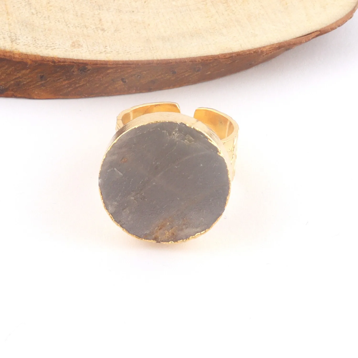 Authentic Natural Gray Moonstone Gold Plated Texture Band Adjustable Ring Jewelry