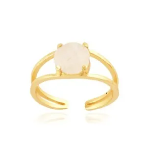 Authentic Double Layer Rainbow Moonstone Ring Yellow Gold Plated Prong Set Adjustable Ring