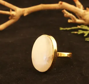 Authentic Amazing Blue Fire Rainbow Moonstone Ring Gold Plated Collet Adjustable Ring