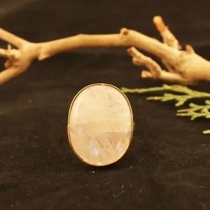 Authentic Natural Rainbow Moonstone Ring Yellow Gold Plated Collet Set Adjustable Ring