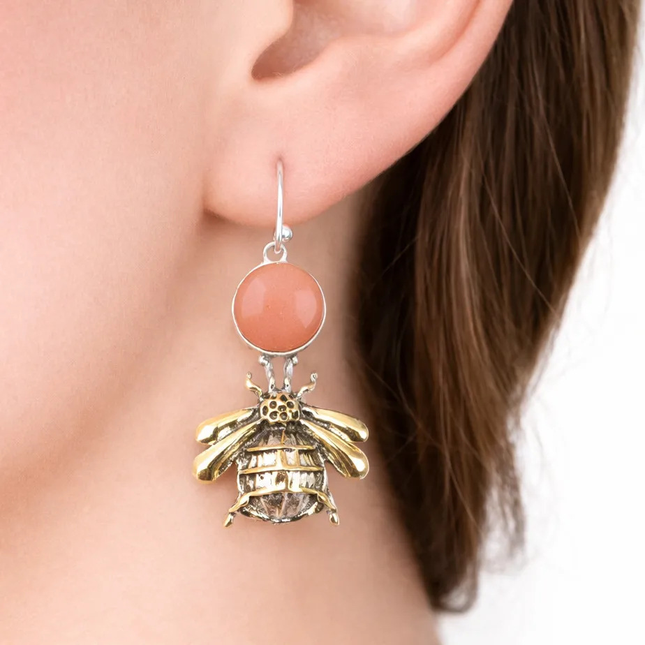 Authentic Peach Moonstone Gemstone Dangle Earring 925 Silver Gold Plated Handmade Jewelry
