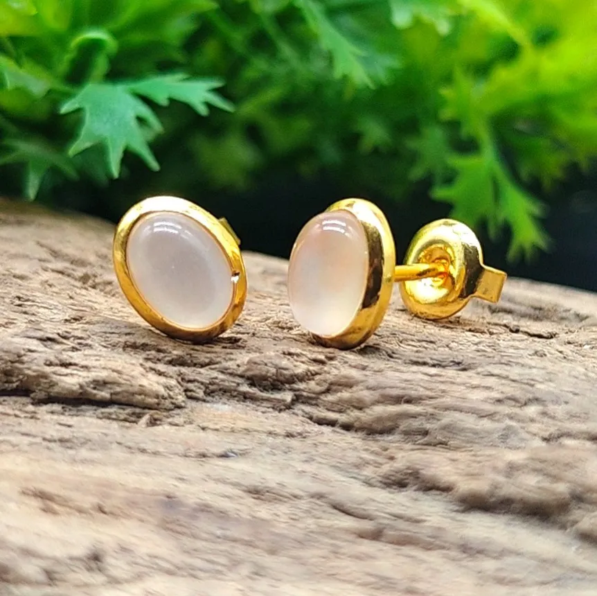 Authentic White Moonstone Studs Pair, 5x7mm Oval Gemstone Earrings Gold Plated Jewelry.