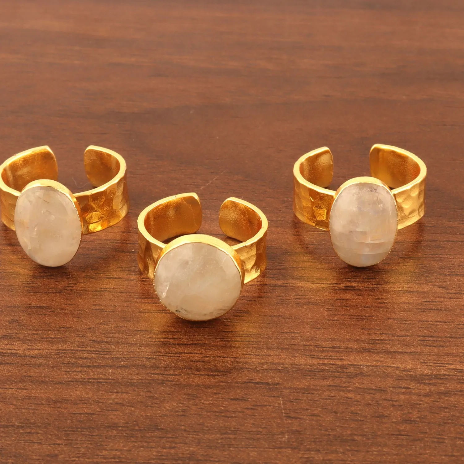 Authentic Natural Fire Moonstone 24k Gold Plated Hammered Band Adjustable Rings Lot 3 Pcs 