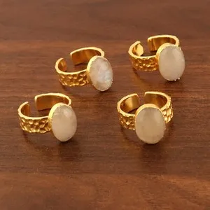 Authentic Oval Shape Moonstone Yellow Gold Plated Hammered Band Adjustable Ring Lot 4 Pcs 