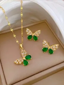 Authentic Gold Plated Butterfly Green Crystal Necklace Pendant & Earrings Jewelry Set