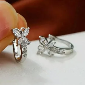 Authentic 14k White Gold Plated 2Ct Round Simulated Diamond Butterfly Huggie Hoop Earrings