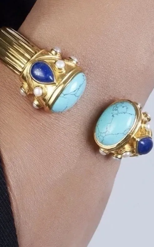 Authentic Celestial Harmony Bangle: A Symphony of Lapis, Turquoise, and Pearl