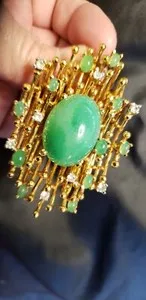 Authentic Rare Panetta Gold Plated Faux Jade Cabochon & Facetted Crystals Brooch Pendant