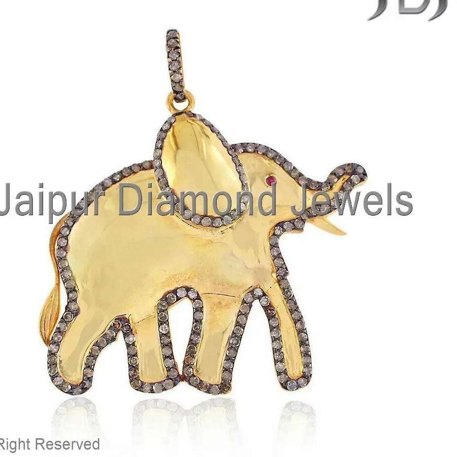 Authentic Genuine Pave Diamond 925 Silver Gold Plated Ruby Eye Elephant Pendant PEMJ-800