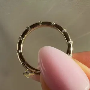 Authentic Bamboo Band Cut Moissanite Eternity Band, Hidden halo 14K Yellow gold plated