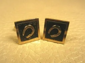Authentic Vintage Black Enamel Horseshoe Yellow Gold Plated Cuff Links
