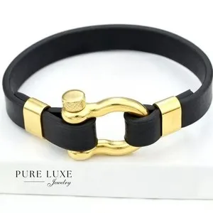Authentic Golden Shield of Good Fortune: Black Leather Horseshoe Bracelet