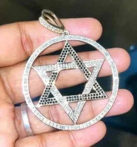 Authentic Star of David Pendant 14k White Gold Plated Lab Created Black & Moissanite