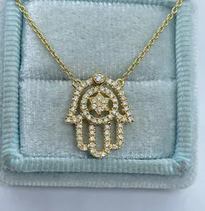 Authentic 2Ct Round Natural Moissanite Hamsa  Star of David Pendant 14K Yellow Gold Plated