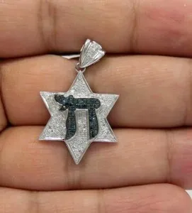 Authentic Blue White Cubic Zirconia Chai Star of David Pendant White Gold Plated Silver