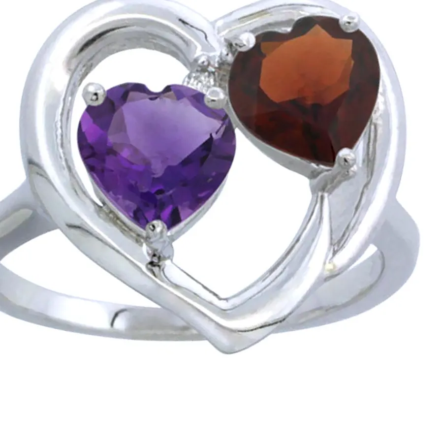 Authentic Two Gemstones Heart Ring 6mm Amethyst and Garnet 14k White Gold Plated Sterling