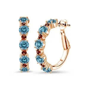 Authentic 18K Rose Gold Plated Silver Blue Lab Grown Diamond and Garnet Hoop Earrings for