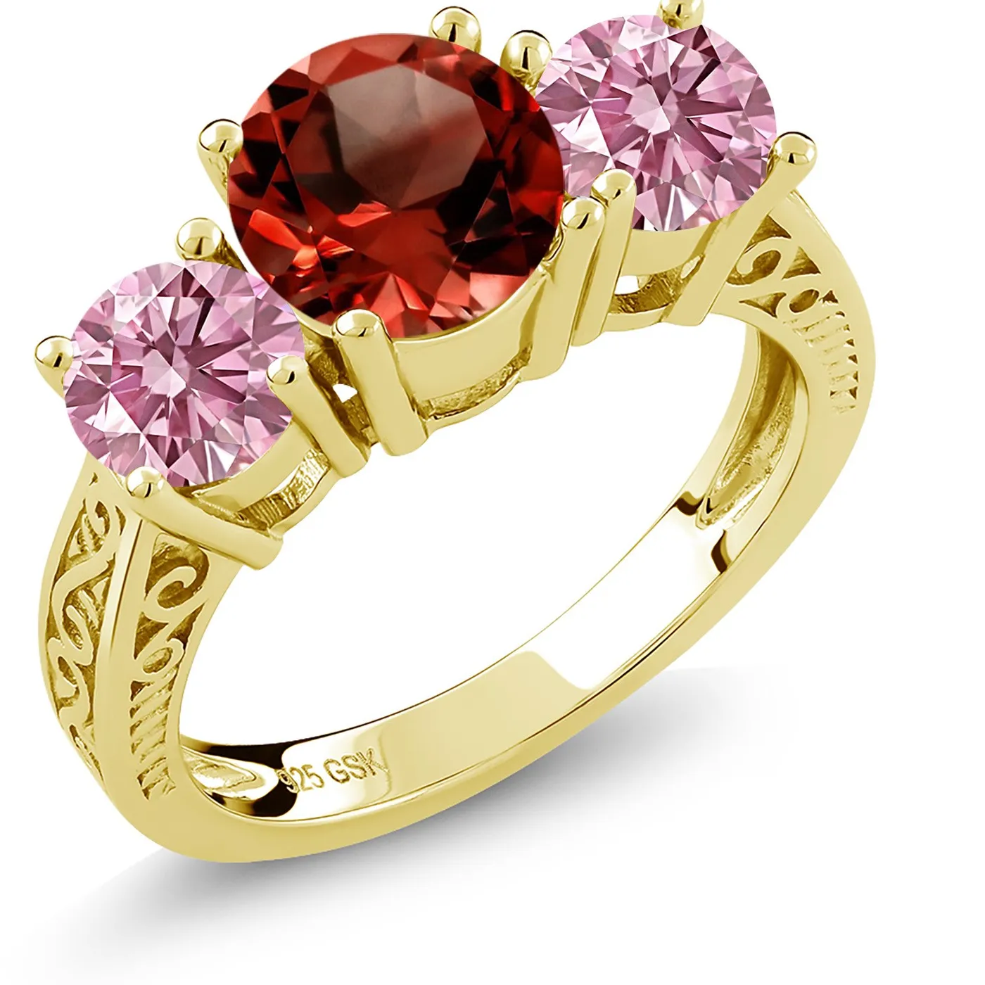 Authentic 18K Yellow Gold Plated Silver Garnet and Pink Lab Grown Diamond Engagement Ring