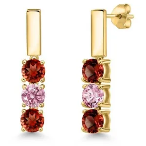 Authentic 1.60 Ct Red Garnet Pink Lab Grown Diamond 18K Yellow Gold Plated Silver Earrings