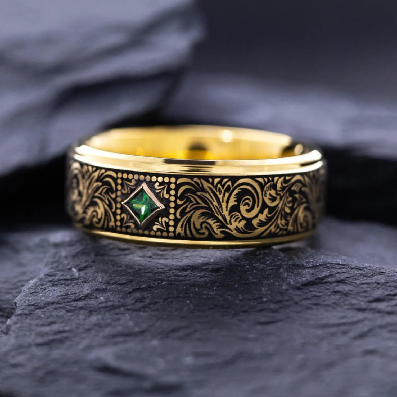 Authentic 8mm Yellow Gold Plated Tungsten Ring with Green Emerald and Victorian Engravings