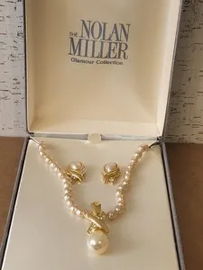 Authentic Nolan Miller Gold Plated Necklace and Faux Pearl Pendant & Earrings Matching Set