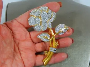 Authentic NOLAN MILLER 3.70" ROSE FLOWER CRYSTAL PAVE' GOLD PLATED STATEMENT BROOCH