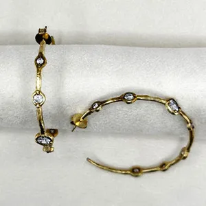 Authentic Jennifer Miller | Hammered 14k Gold Plated | Crystal Hoop Earrings