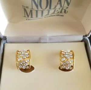 Authentic Nolan Miller Clip On Cuff Earrings Hoop Crystal Rhinestone Gold Plated Dressy