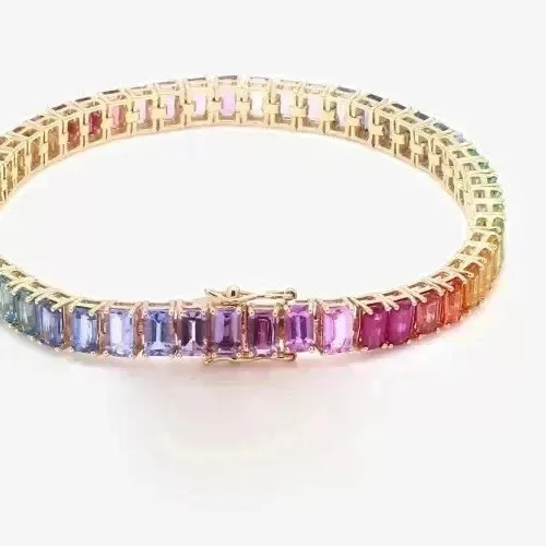 Authentic 15CT Emerald Lab Created Rainbow Sapphire Tennis Bracelet 14K Yellow Gold Plated