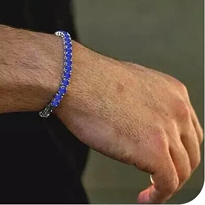 Authentic 15Ct Round Lab Created Blue Sapphire Men's Tennis Bracelet 14K White Gold Plated