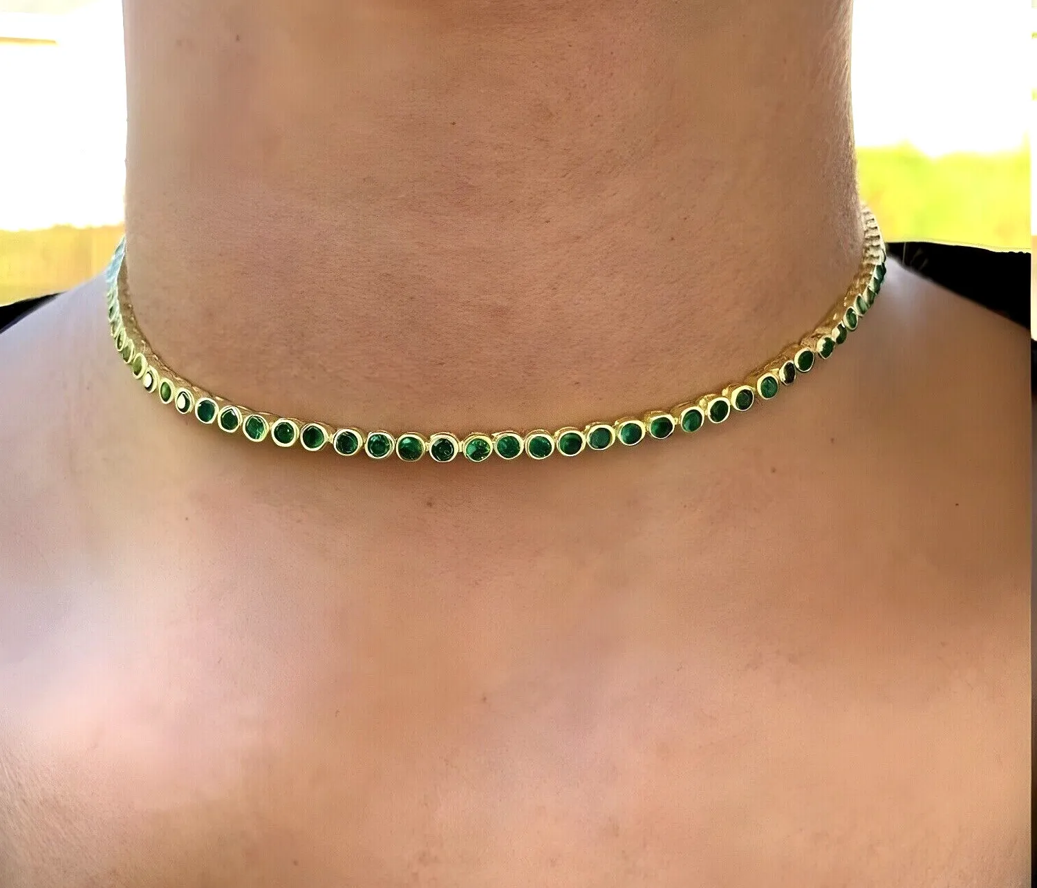 Authentic The Verdant Crown of Vitality: 15Ct Emerald Bezel-Set Choker Tennis Necklace in 14K Yellow Gold Finish