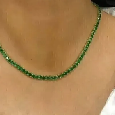 Authentic 15Ct Round Cut Lab Created Green Emerald Tennis Necklace 14K Wh Gold Plated 18”
