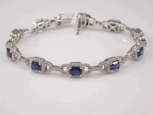 Authentic 15Ct Emerald Cut Lab Created Blue Sapphire Tennis Bracelet 14K White Gold Plated
