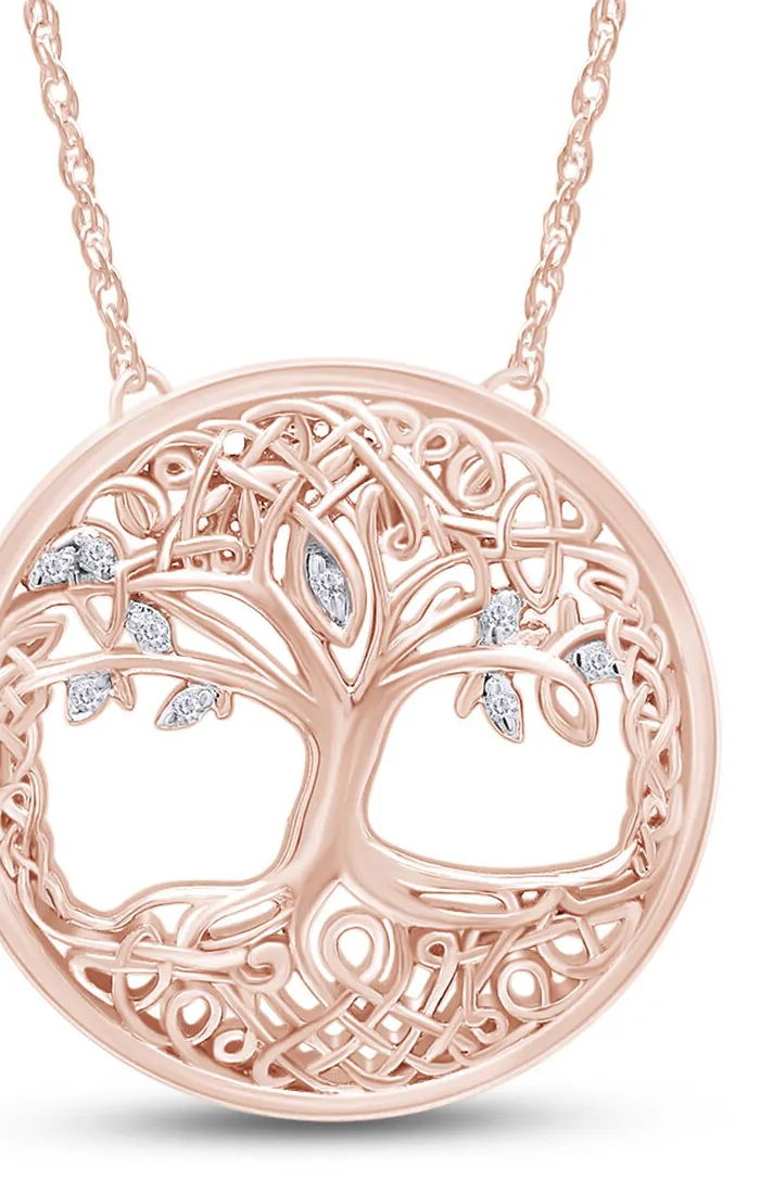 Authentic Tree of Life Pendant 18" Necklace Cubic Zirconia in 14K Rose Gold Plated Silver