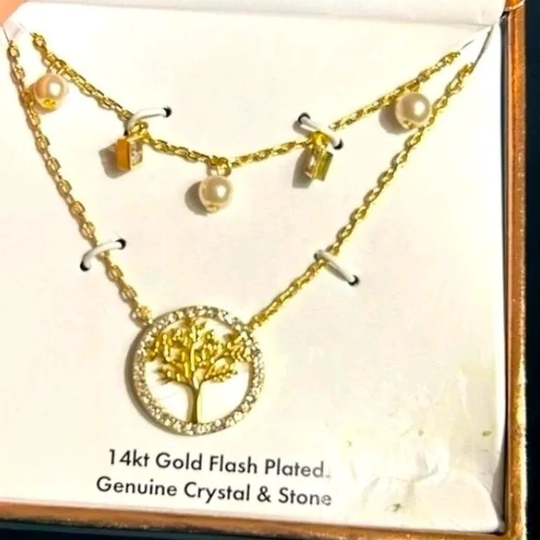 Authentic 14kt Gold Plated Tree of Life Crystal & Pearl Necklace Jewelry Set