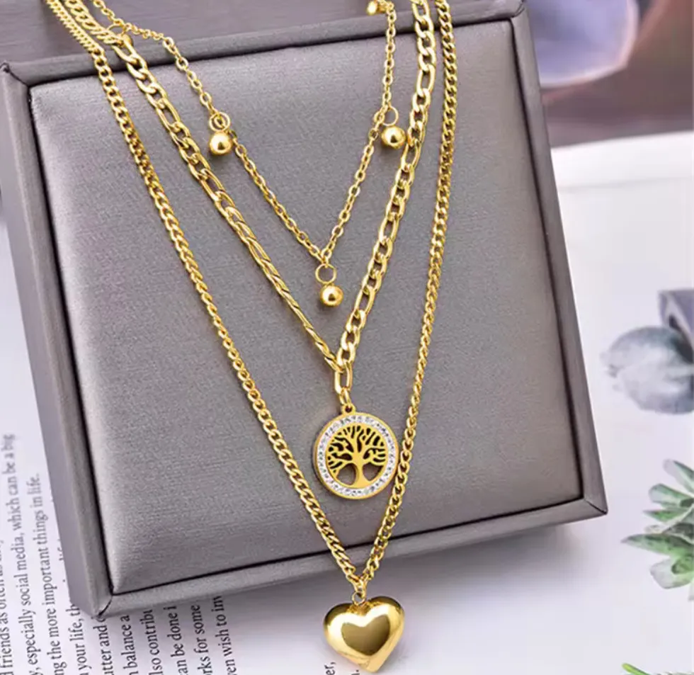 Authentic Women 3 Layer Gold Plated Necklace Heart & Tree of Life Zircon Pendant