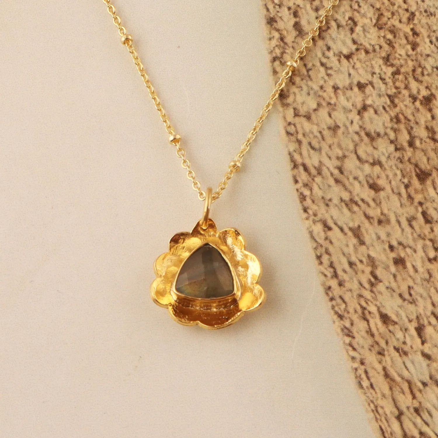 Authentic Natural Labradorite Yellow Gold Plated Collet Setting Chain Necklace For Women