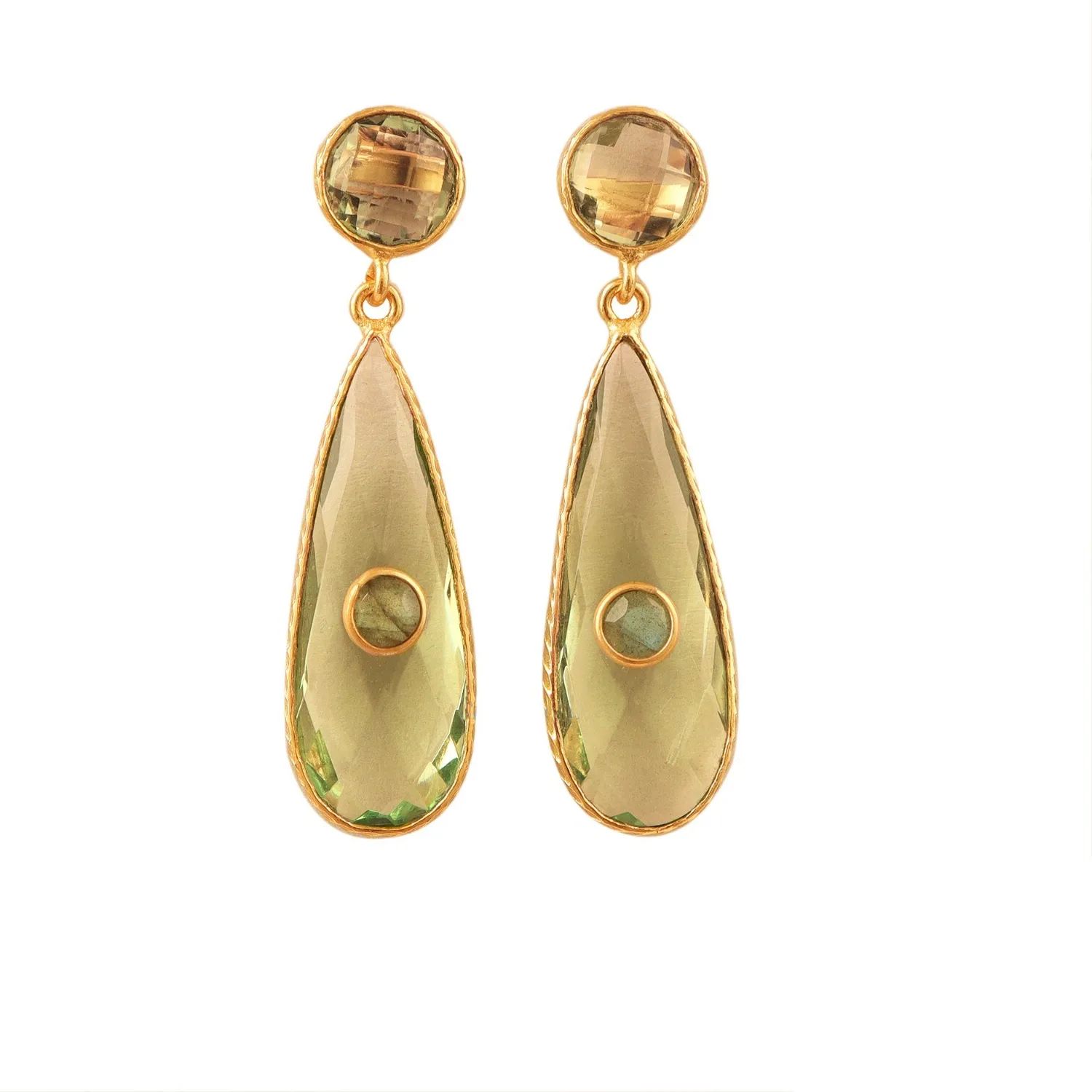Authentic Green Amethyst With Labradorite Long Bezel Set Gold Plated Teardrop Eye Earrings