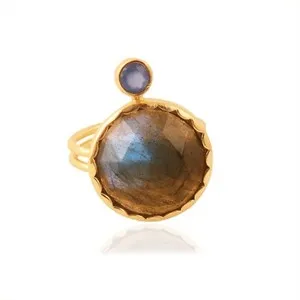 Authentic Labradorite With Blue Chalcedony Statement Ring, Gold Plated, Adjustable Ring, D