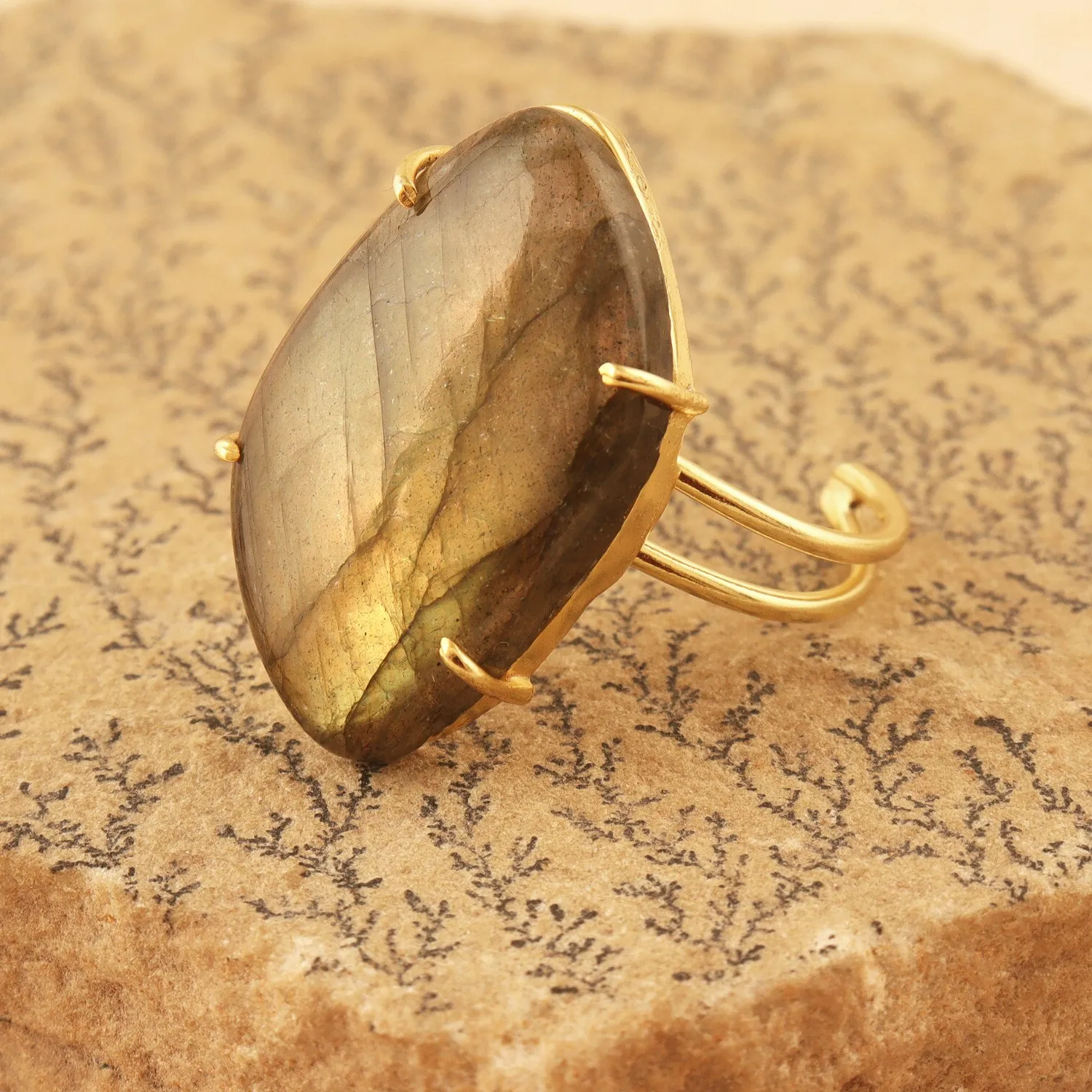 Authentic Fire Labradorite Double Layer Ring Gold Plated Prong Set Adjustable Vintage Ring