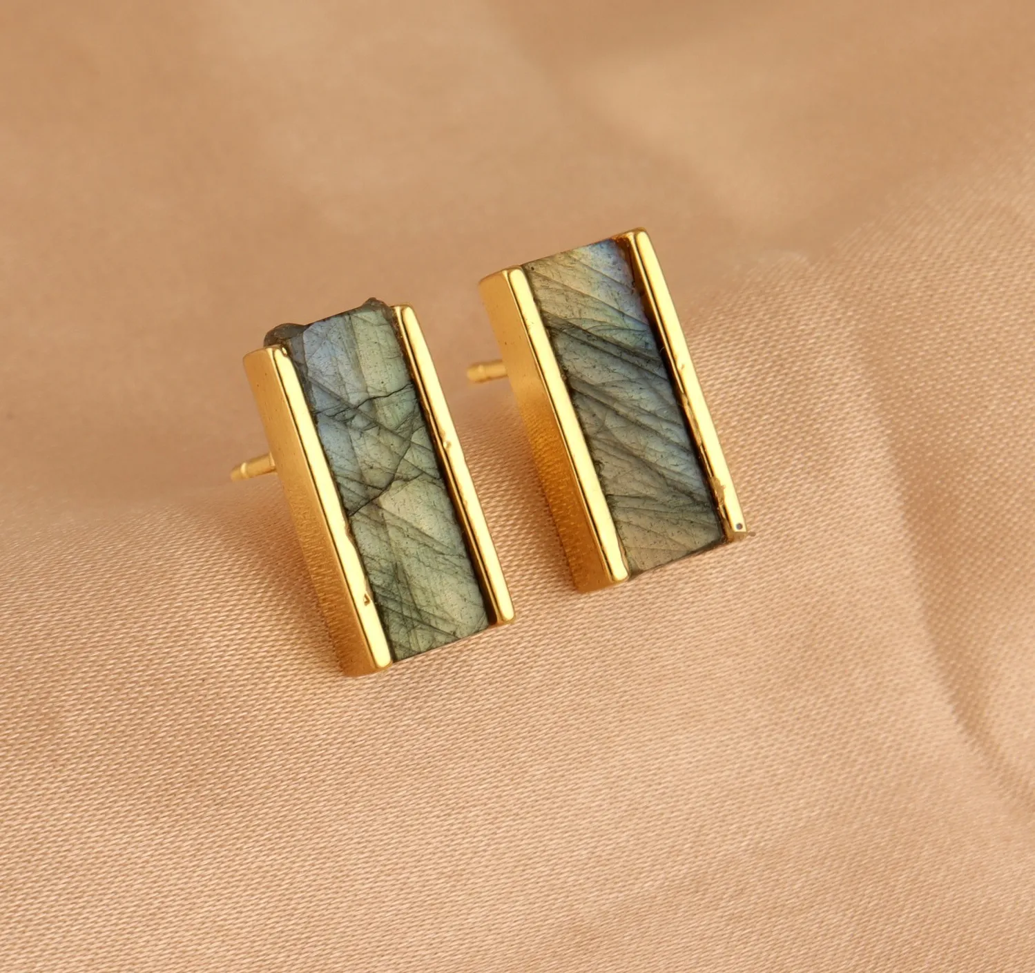 Authentic Natural Labradorite Brass Gold Plated Bar Shape Ear Post Stud Earring For Women