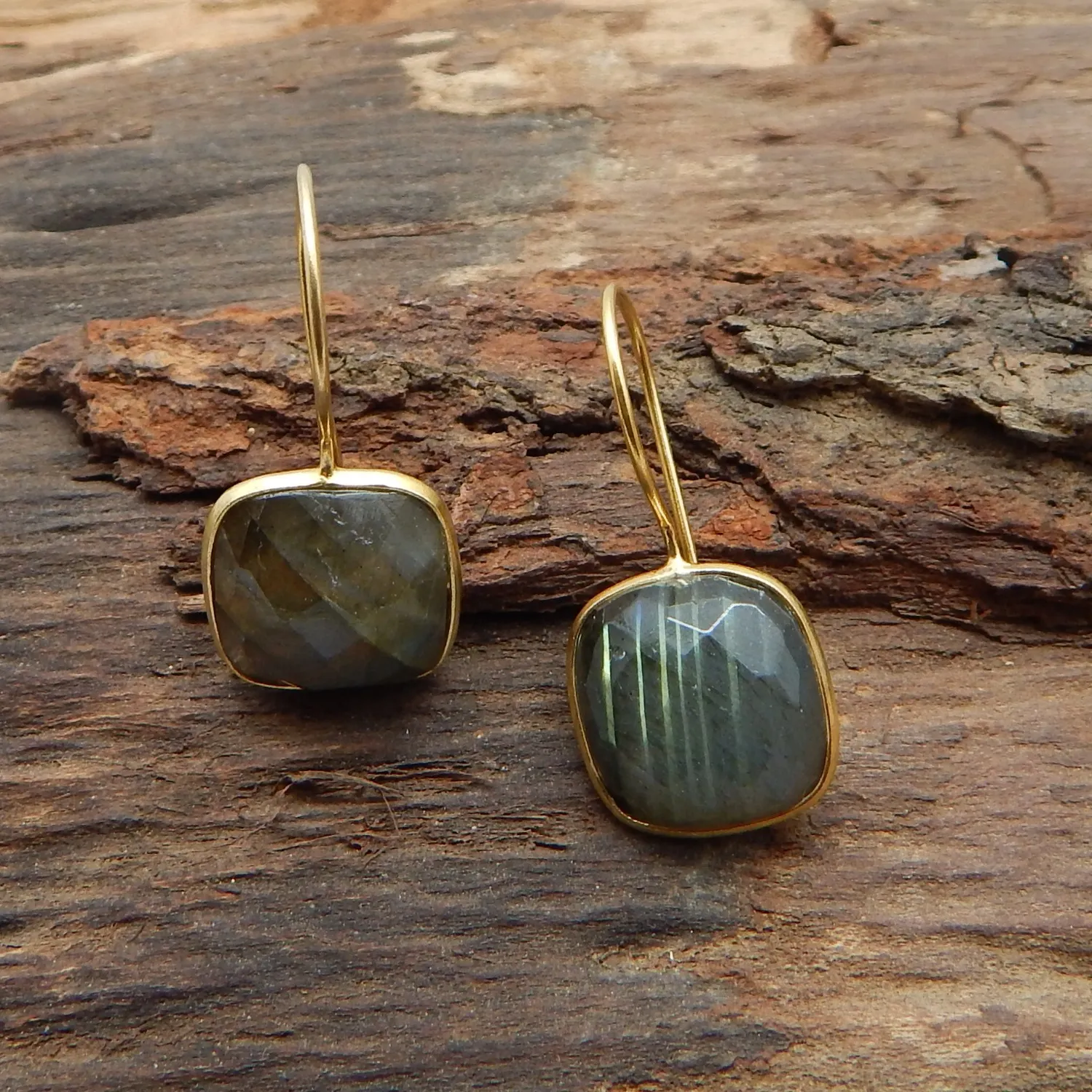 Authentic Labradorite's Celestial Guardians: 22k Gold Plated Dainty Hook Earrings