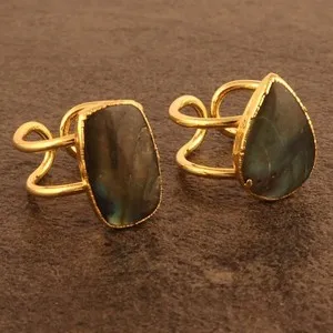 Authentic Fancy Shape Real Labradorite Gold Plated Dual Layer Adjustable Rings Lot 2 Pcs